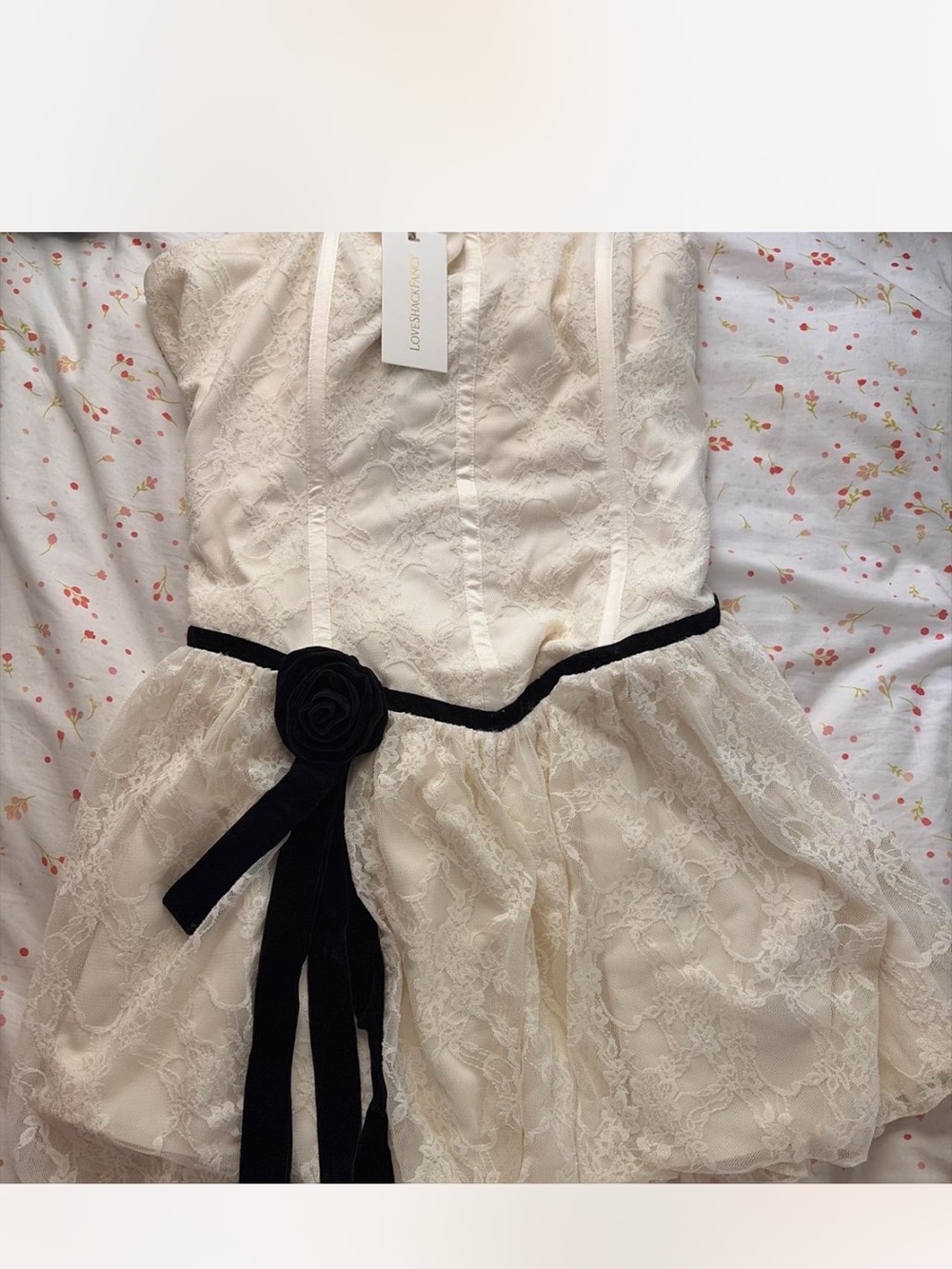 LoveShackFancy’s Ivory Corset Dress with Black Velvet Belt